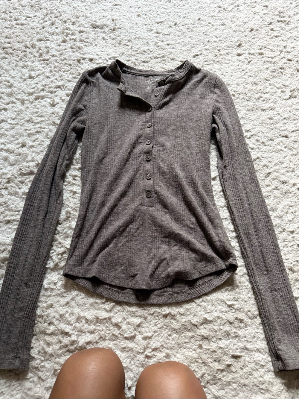 Womens Long Sleeve Ribbed Henley Top - light brown